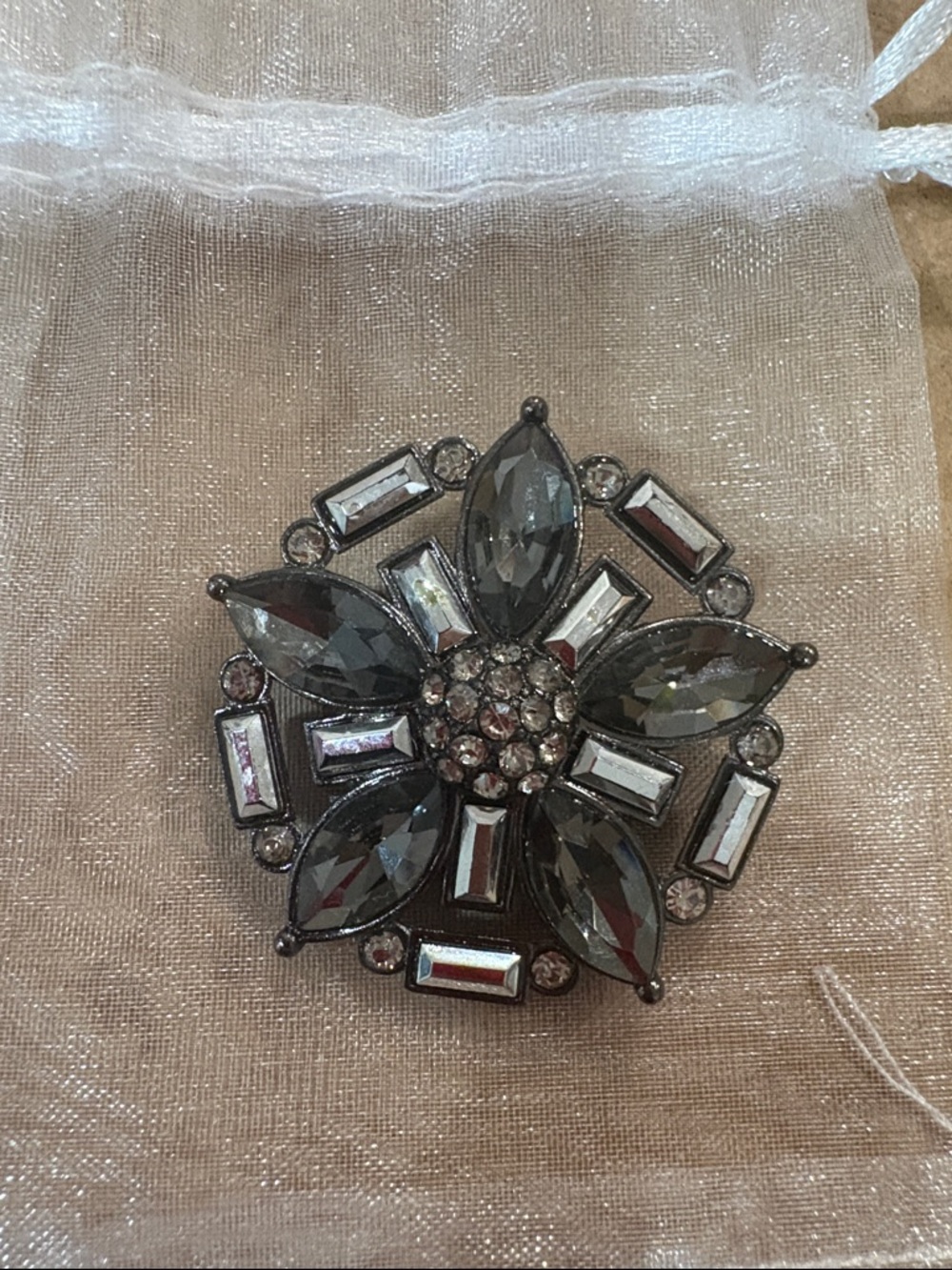Vintage Silver and Smoke Gray Floral Crystal Brooch